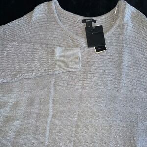 Silver Metallic Knit Sweater Women M Lightweight Crewneck 3/4 Sleeve Festive New